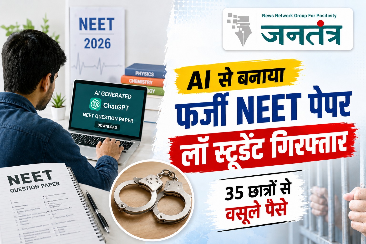 You are currently viewing AI से बनाया फर्जी NEET पेपर बेचने वाला लॉ स्टूडेंट गिरफ्तार, 35 छात्रों से लाखों की ठगी का खुलासा