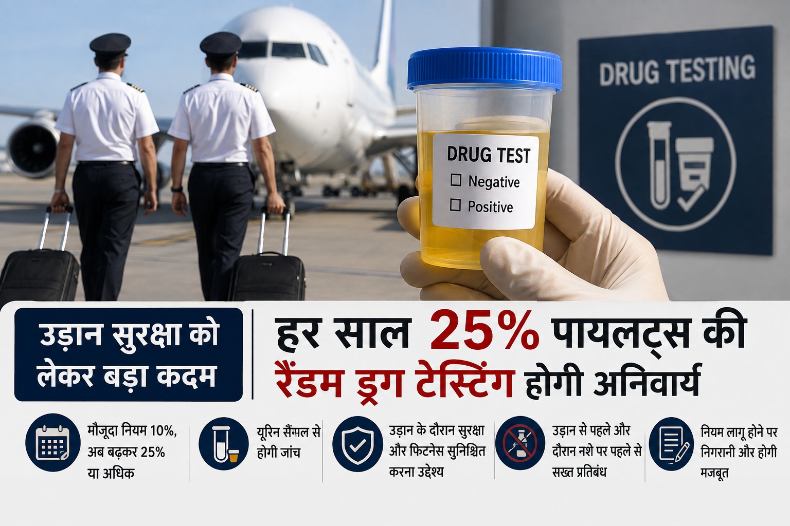 You are currently viewing हर साल 25% पायलटों की होगी रैंडम ड्रग टेस्टिंग! उड़ान सुरक्षा को लेकर नियम और सख्त करने की तैयारी